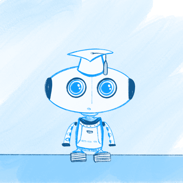 Robot wearing a graduation cap with blinking eyes