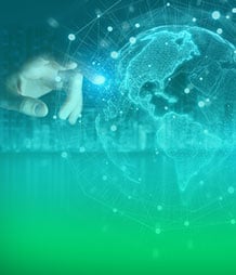 human and robot hand reaching toward technology ball