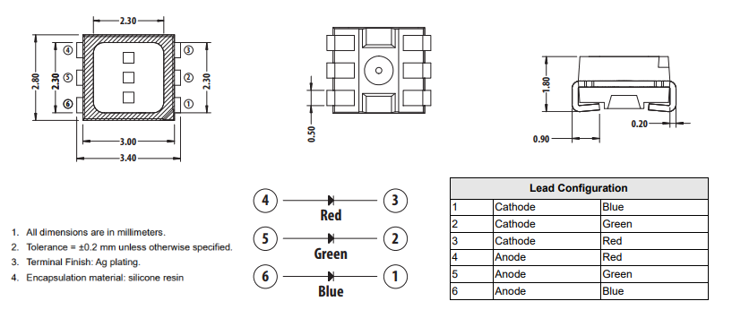 Mechanical Drawing - Broadcom ASMT-YTx2 PLCC RGB LEDs