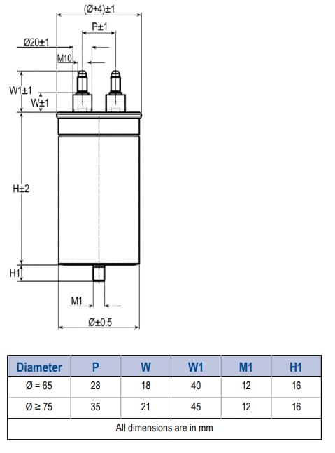 Technische Zeichnung - KEMET KEMET C44P-MKP-Baureihe AC-Filterkondensatoren