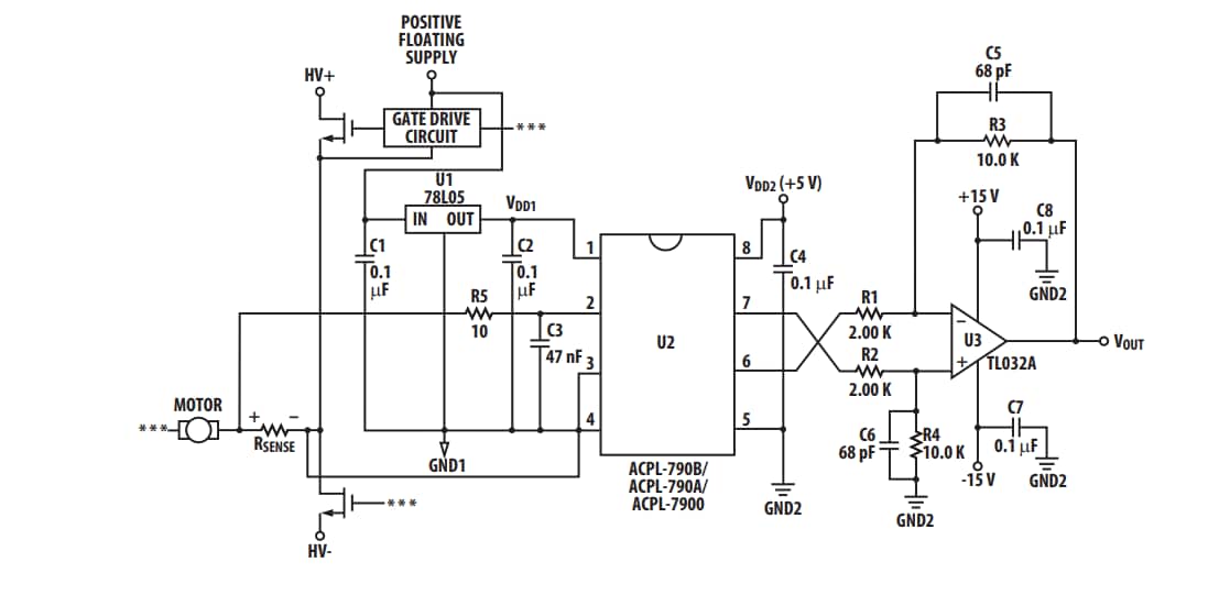 Applikations-Schaltungsdiagramm - Broadcom ACPL-790x Exakte Isolationsverstärker