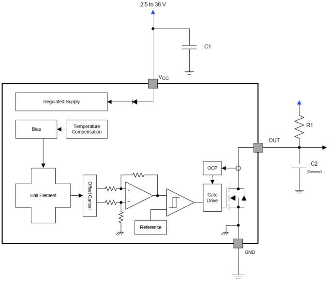 Blockdiagramm - Texas Instruments DRV5033 Digitaler omnipolarer Schalt-Halleffektsensor
