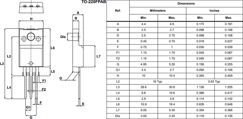 Technische Zeichnung - STMicroelectronics T-Serie Logikpegel-Triacs