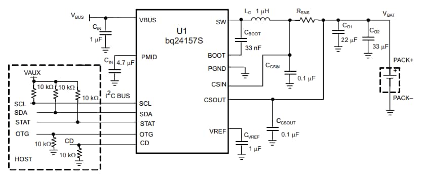 Applikations-Schaltungsdiagramm - Texas Instruments bq24157S Schaltmodus-Einzellen-Li-Ion-Ladegerät-IC