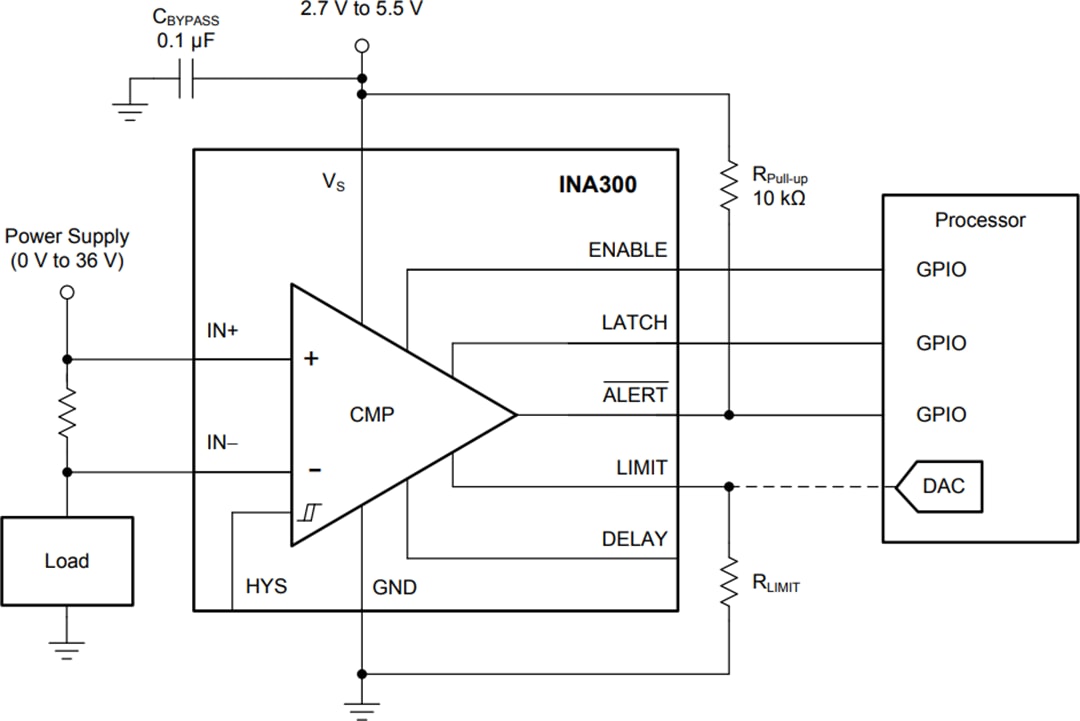 Applikations-Schaltungsdiagramm - Texas Instruments INA300 High- oder Low-Side-Komparator zur Stromerkennung