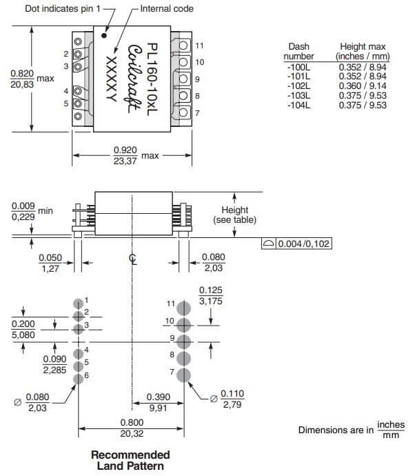 Technische Zeichnung - Coilcraft PL160/PL300 SMT-Planar-Transformatoren