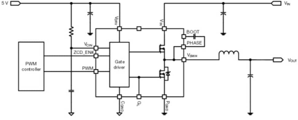 Applikations-Schaltungsdiagramm - Vishay Semiconductors DrMOS SiC5xx-Serie Integrierte Leistungsstufe