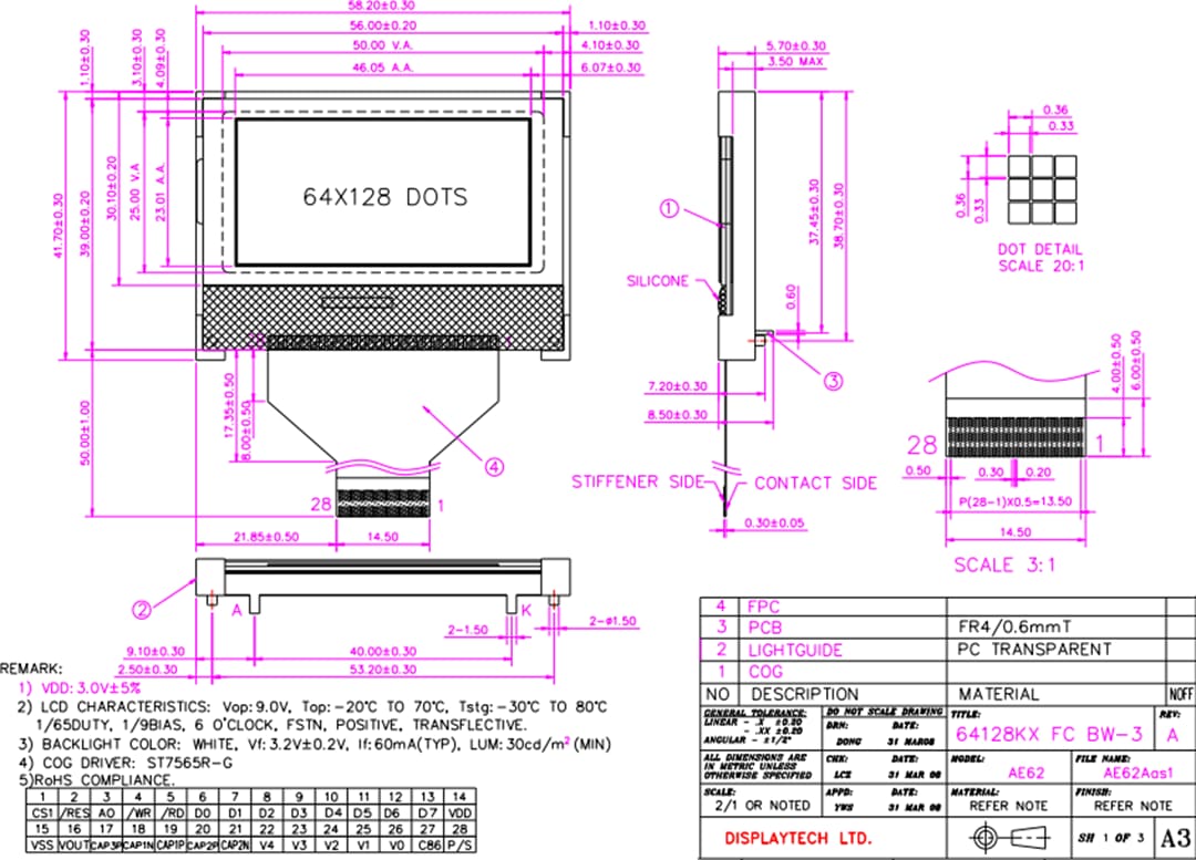 Mechanical Drawing - Displaytech Displaytech 64128KX LCD Module