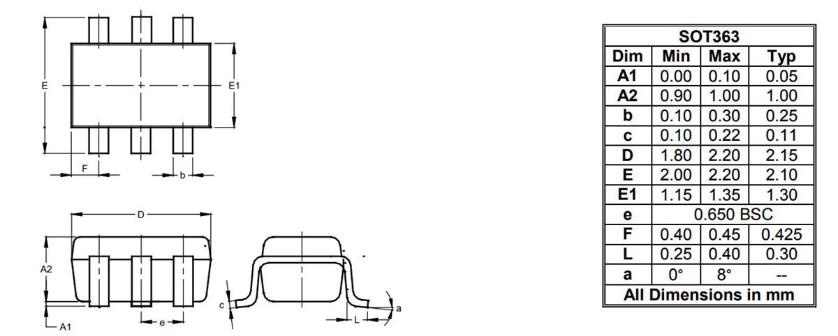 Technische Zeichnung - Diodes Incorporated BAV99DWQ Schaltdiodenarray zur Oberflächenmontage