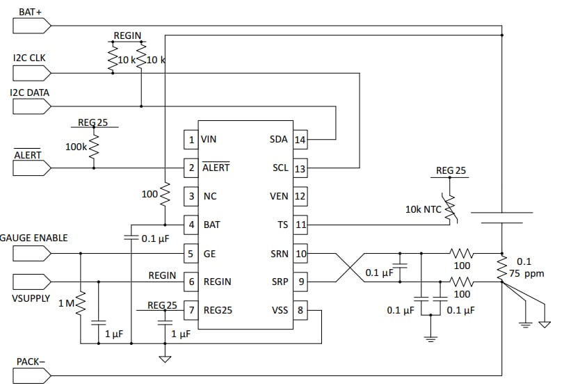 Schaltplan - Texas Instruments bq35100 Batteriestandsanzeige und EOS-Monitor