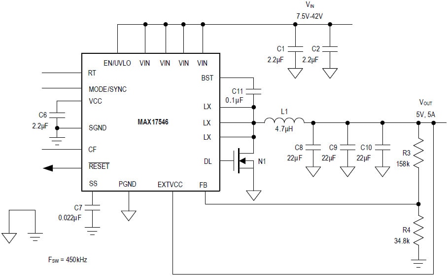 Applikations-Schaltungsdiagramm - Analog Devices / Maxim Integrated MAX17536 und MAX17546 DC-DC-Abwärtswandler
