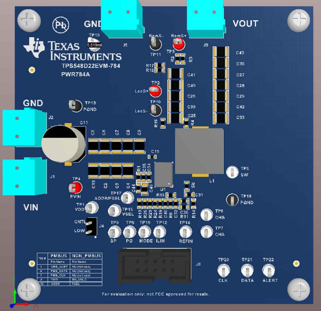 Technische Zeichnung - Texas Instruments TPS548D22EVM-784 Abwärtswandler-EVM