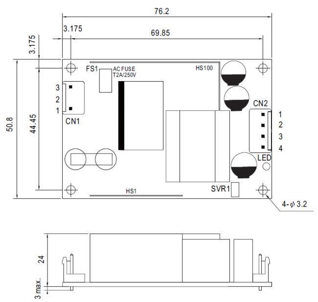 Technische Zeichnung - MEAN WELL Netzteile der EPS-45S/65S-Baureihe