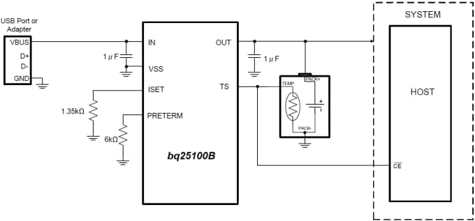 Applikations-Schaltungsdiagramm - Texas Instruments bq25100B Einzellenakkuladegerät