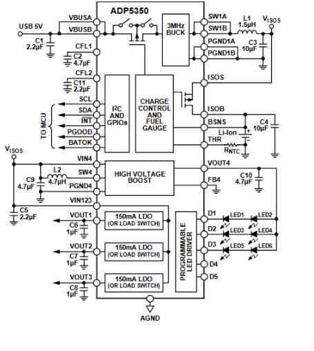 Applikations-Schaltungsdiagramm - Analog Devices Inc. ADP5350 Fortschrittlicher Batteriemanagement-PMIC