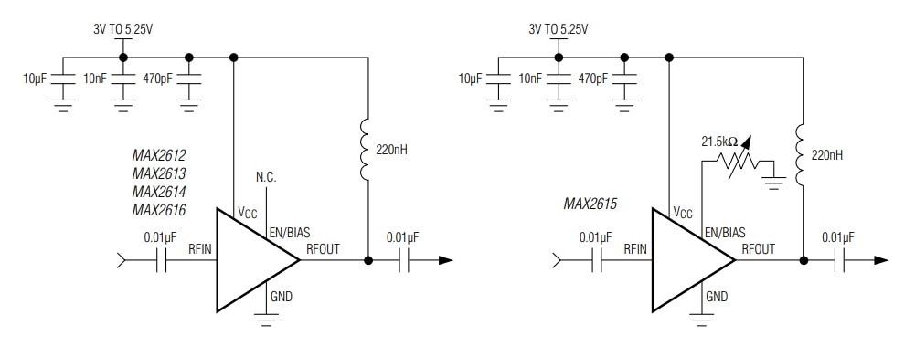 Applikations-Schaltungsdiagramm - Analog Devices / Maxim Integrated MAX2612 bis MAX2616 Lineare Breitband-Verstärker