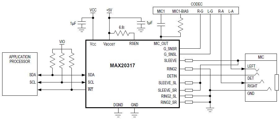 Analog Devices / Maxim Integrated MAX20317 Universal-Zubehör-Management-IC mit einem Durchmesser von 3,5 mm