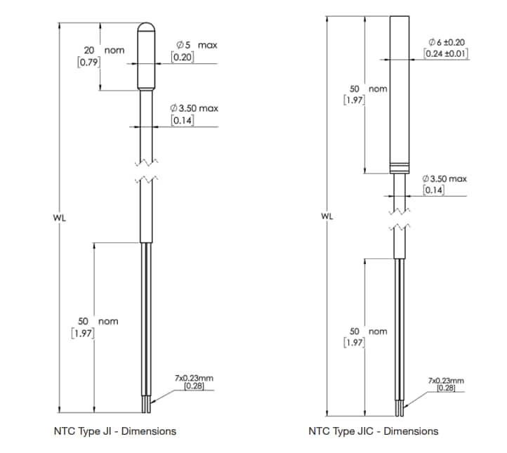 Technische Zeichnung - Amphenol Advanced Sensors JI und JIC NTC-Thermistoren