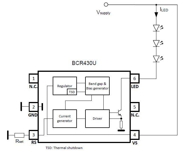 Blockdiagramm - Infineon Technologies BCR430U LED-Treiber-IC mit geringem Spannungsabfall
