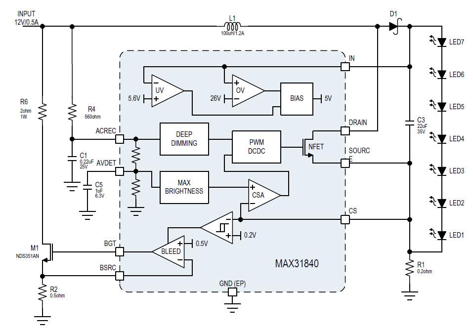 Blockdiagramm - Analog Devices / Maxim Integrated MAX31840 MR16-LED-Treiber