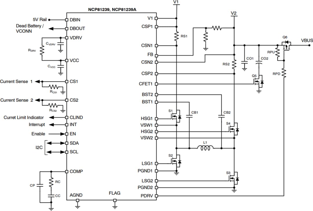 Applikations-Schaltungsdiagramm - onsemi NCP81239 4-Schalter-Abwärts-/Aufwärts-Regler