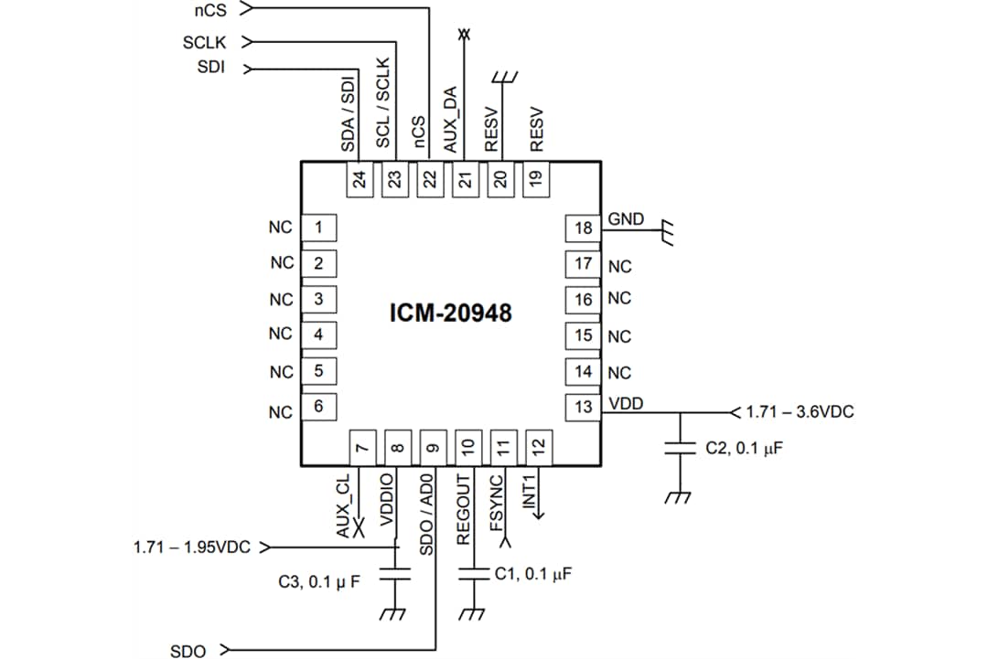 Applikations-Schaltungsdiagramm - TDK InvenSense ICM-20948 9-Achsen-MEMS-MotionTracking™-Bauteil