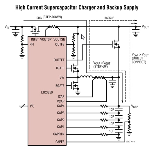Applikations-Schaltungsdiagramm - Analog Devices Inc. LTC335x Hochstrom-Superkondensator-Ladegeräte