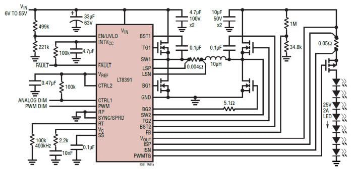 Applikations-Schaltungsdiagramm - Analog Devices Inc. LT8391 Synchrone Abwärts-Aufwärts-LED-Controller