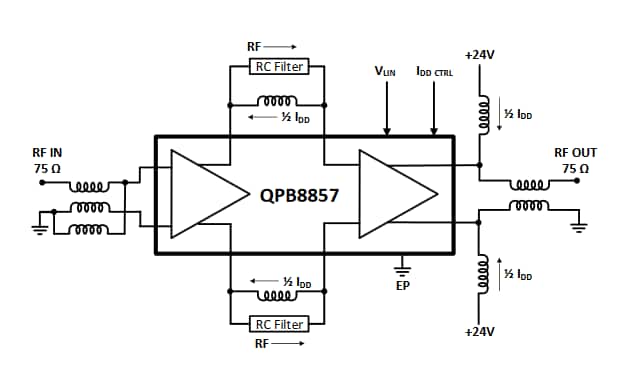 Blockdiagramm - Qorvo QPB8857 75 Ω, 28 dB CATV-Verstärker zur Leistungsverdopplung