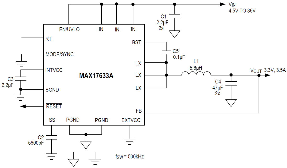 Applikations-Schaltungsdiagramm - Analog Devices / Maxim Integrated MAX17633 Synchrone DC/DC-Abwärtswandler