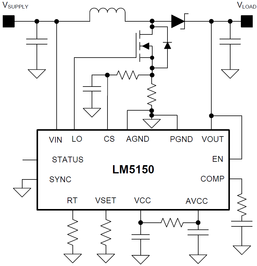 Applikations-Schaltungsdiagramm - Texas Instruments LM5150-Q1 Aufwärts-Controller mit niedrigem IQ