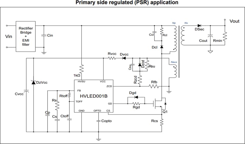 Applikations-Schaltungsdiagramm - STMicroelectronics HVLED001B Flyback-Controller mit hohem Leistungsfaktor