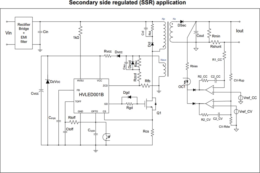 Applikations-Schaltungsdiagramm - STMicroelectronics HVLED001B Flyback-Controller mit hohem Leistungsfaktor