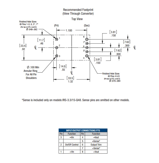 Technische Zeichnung - Murata Power Solutions IRS Gekapselte 1/16-Brick-DC/DC-Wandler