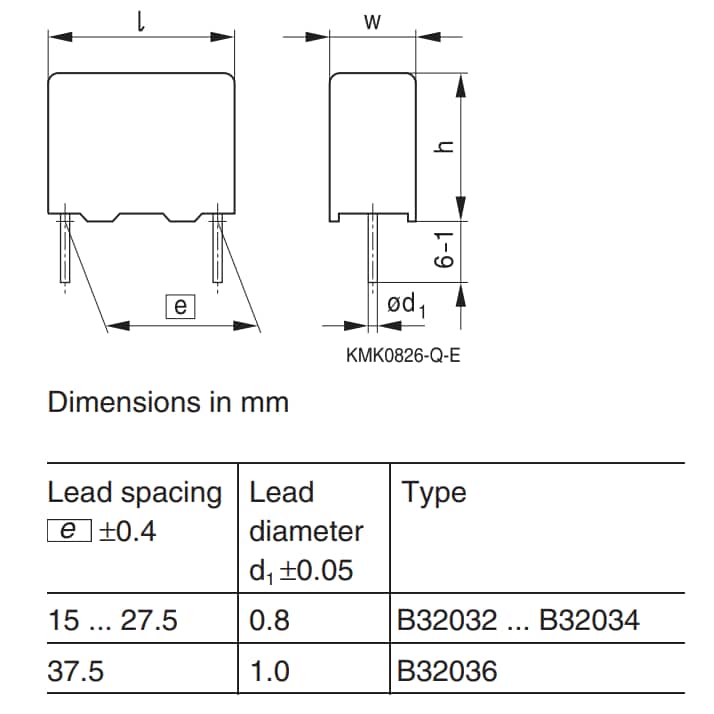 Technische Zeichnung - EPCOS / TDK MKP-Baureihe B3203x EMI-Unterdrückungskondensatoren