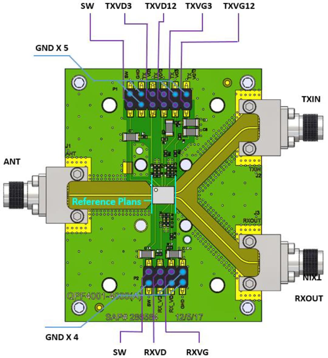 Technische Zeichnung - Qorvo QPF4001EVB1 Evaluierungsboard