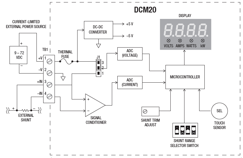 Schaltplan - Murata Power Solutions DCM20 DC-Stromzähler mit drei Funktionen