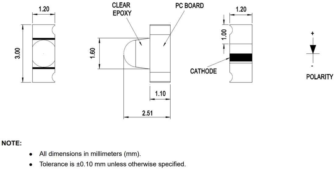 Technische Zeichnung - Broadcom HSM9-C450 Side-View-Infrarotstrahler