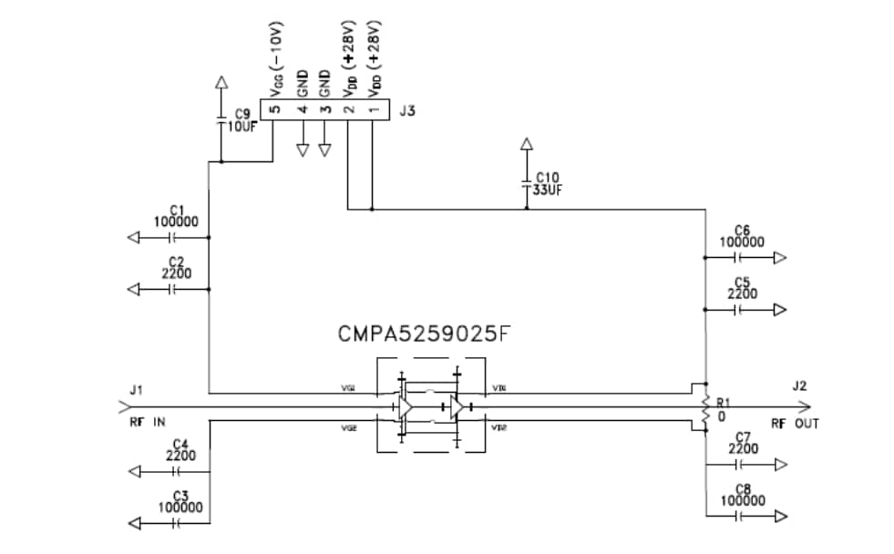 Schaltplan - MACOM CMPA5259025F-AMP Demonstrations-Verstärkerschaltung