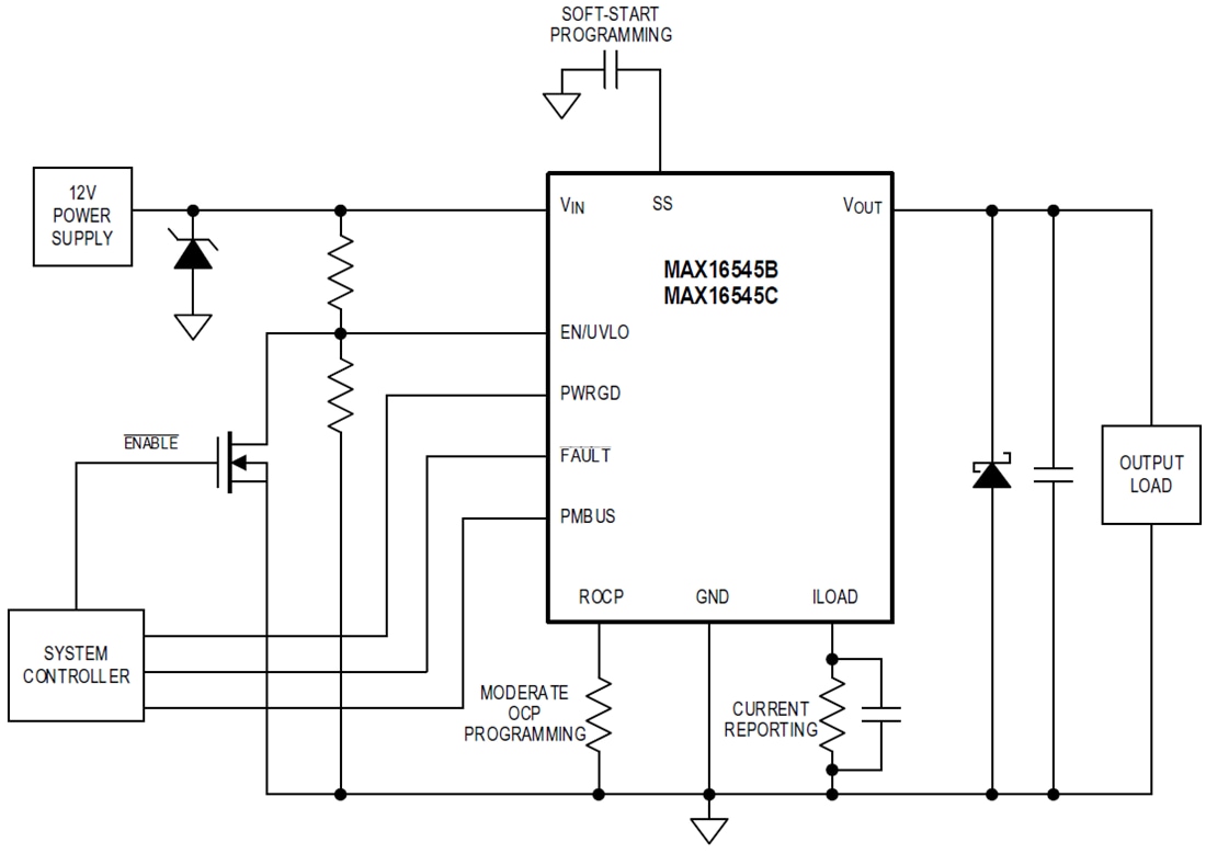 Applikations-Schaltungsdiagramm - Analog Devices / Maxim Integrated MAX16545B/MAX16545C Leistungsschalterschutz-IC