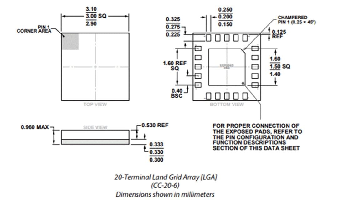 Technische Zeichnung - Analog Devices Inc. ADRF5046 Reflektierender Silizium-SP4T-Schalter (0,1 kHz bis 44 GHz)