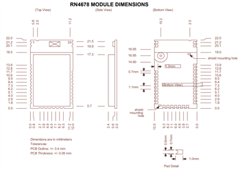 Technische Zeichnung - Microchip Technology RN4678 BLUETOOTH®-Dual-Modus-Module