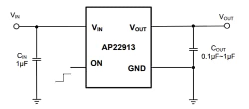 Applikations-Schaltungsdiagramm - Diodes Incorporated AP22913 Einzel-Lastschalter mit geregelter Anstiegsrate