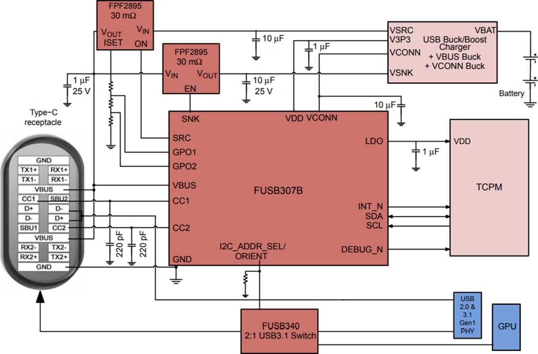 Applikations-Schaltungsdiagramm - onsemi FUSB307B USB-Typ-C-Anschluss-Controller mit USB-PD