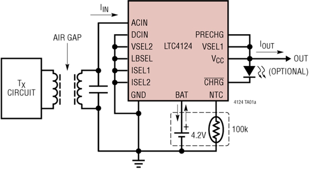 Applikations-Schaltungsdiagramm - Analog Devices Inc. LTC4124 Drahtloses 100-mA-Li-Ion-Ladegerät