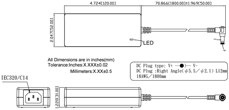 Mechanical Drawing - Cincon TRH50A 50W Switching Adapters