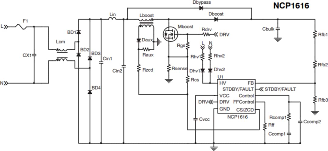 Applikations-Schaltungsdiagramm - onsemi NCP1616 Blindleistungskompensations-Controller