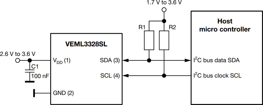 Applikations-Schaltungsdiagramm - Vishay VEML3328 und VEML3328SL RGBCIR-Farbsensoren