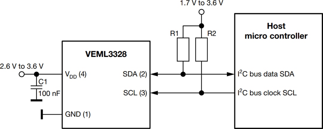 Applikations-Schaltungsdiagramm - Vishay VEML3328 und VEML3328SL RGBCIR-Farbsensoren