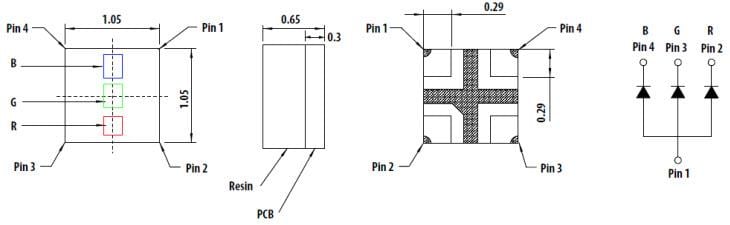 Technische Zeichnung - Broadcom HSMF-C116 Dreifarbige Chip-LED